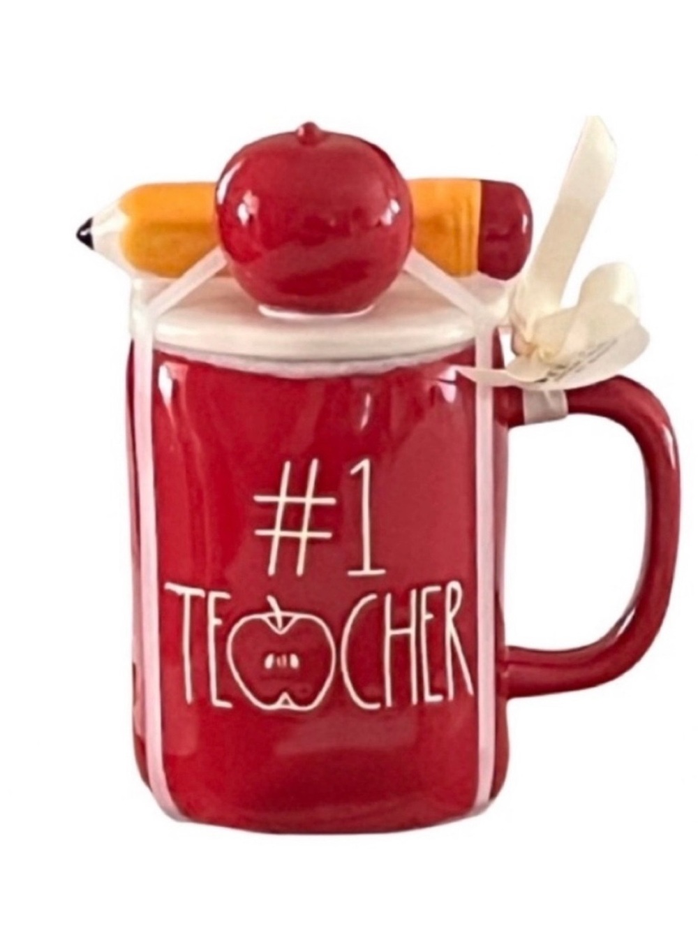🆕 - Rae Dunn- #1 Teacher with Pencil and Apple Topper Ceramic Mug